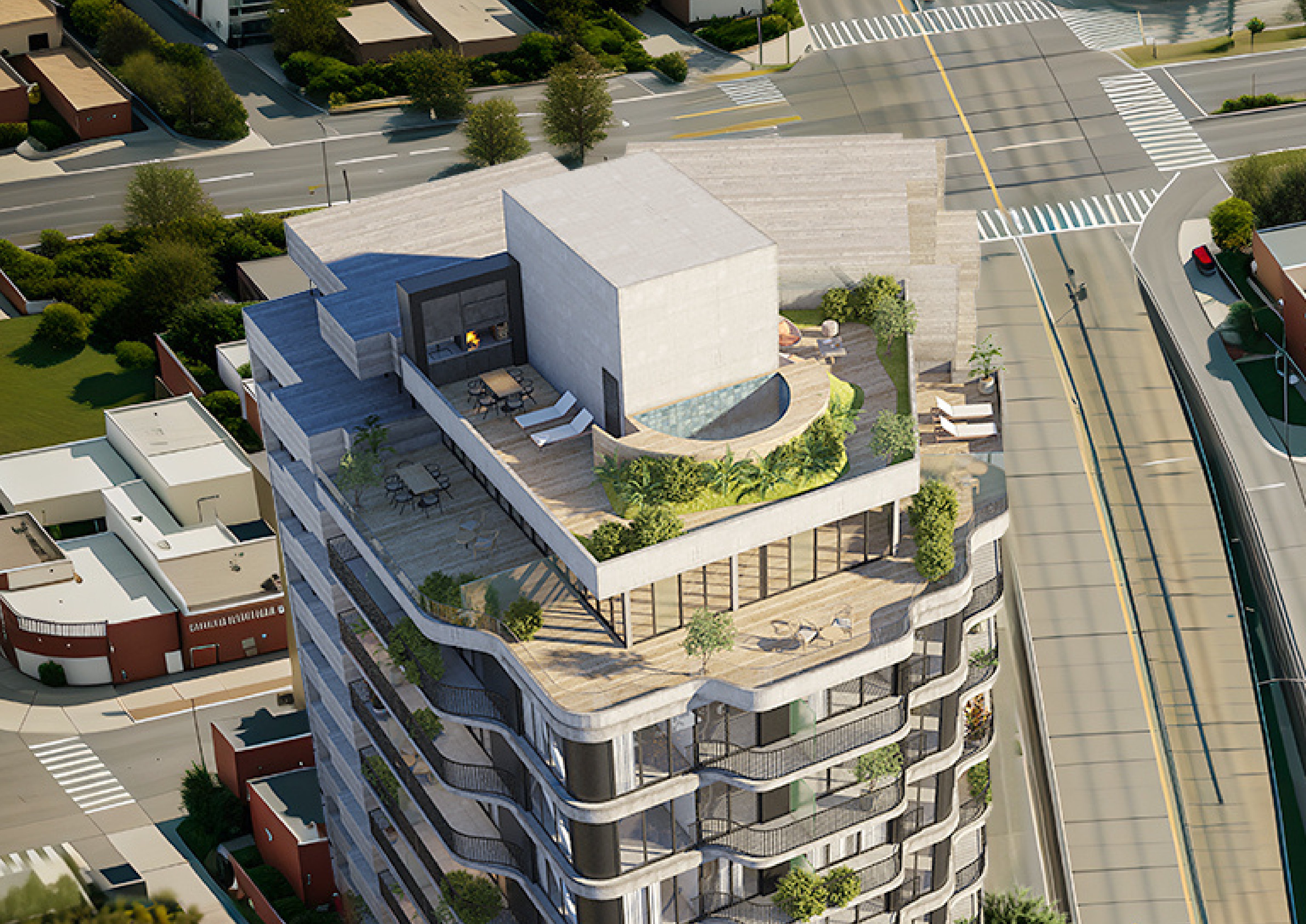 ARIA — Vista aérea rooftop y terraza