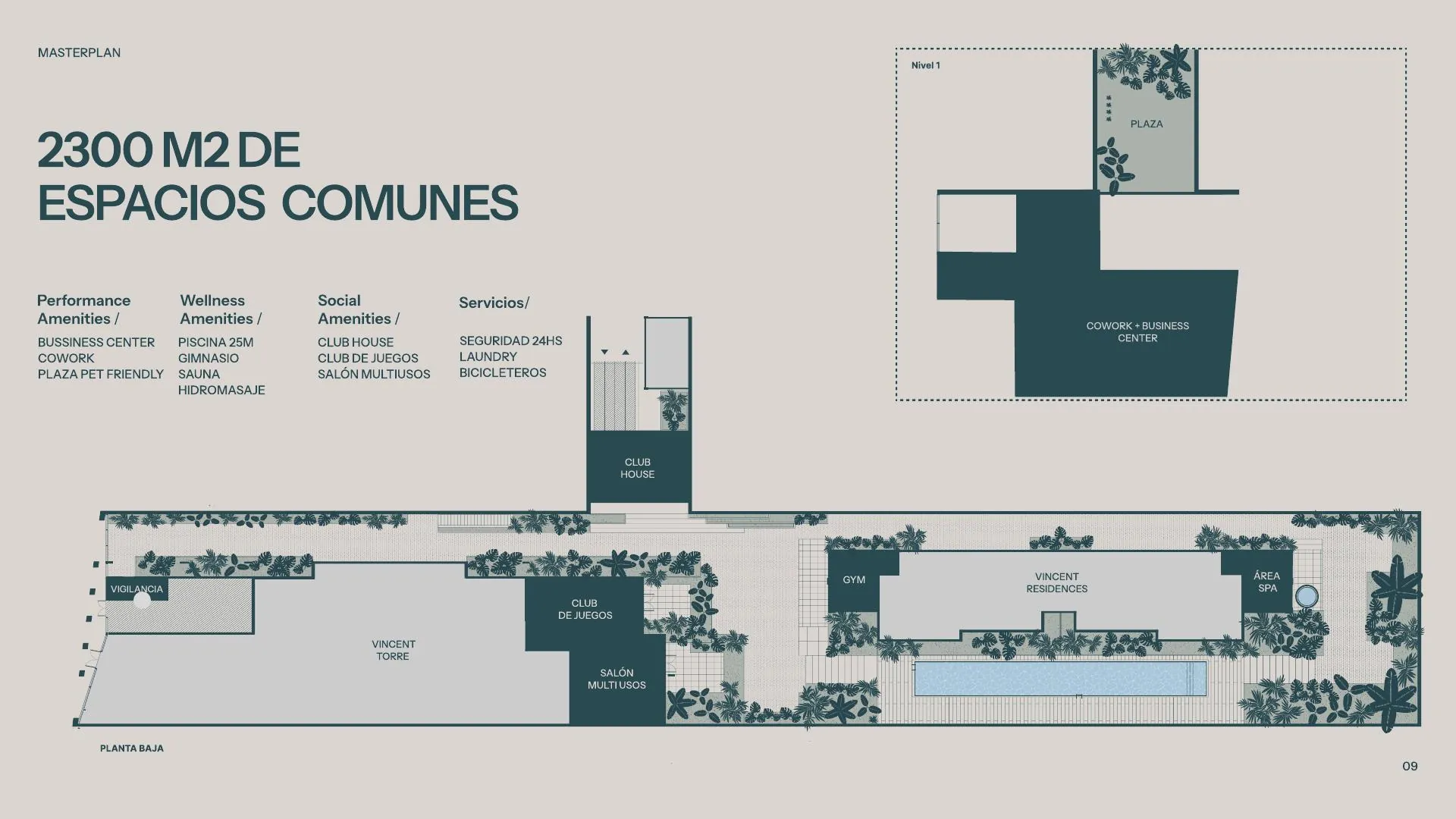 Vincent — masterplan, 2.300 m² de espacios comunes